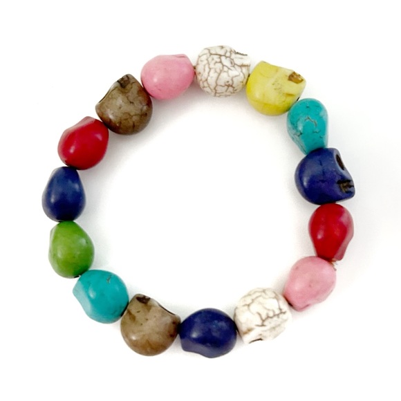 Skull Bead Bracelets Rainbow Teal Blue Stretchy Skeleton Goth Scary Halloween - Picture 4 of 14